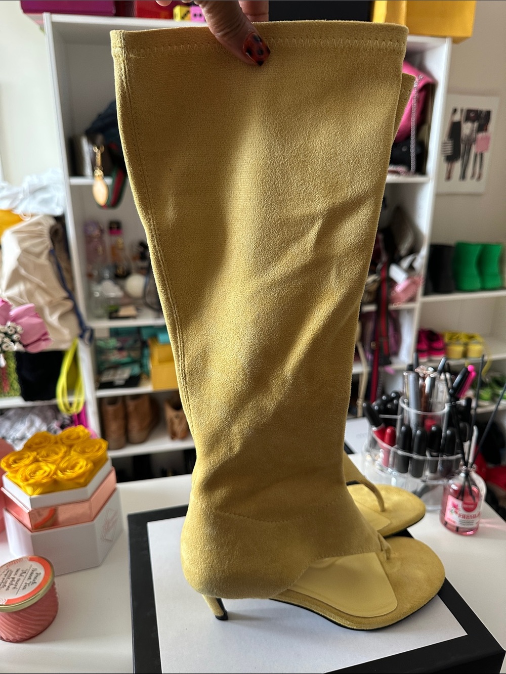 Yellow Suede Knee-High Heeled Boot